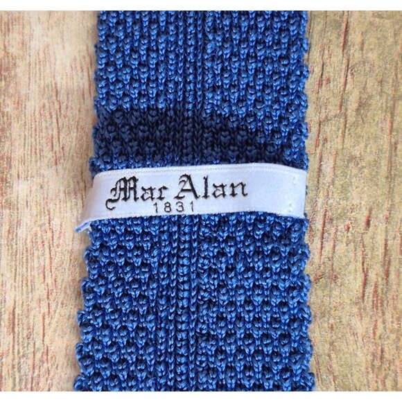 Vintage Square End Silk Skinny Knit Blue Tie Mac Alan 1831 Retro MINT - Picture 7 of 8